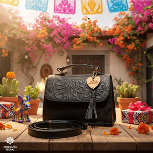 Black Sunflower Embossed Tooled Artisan Leather Crossbody Handbag Purse